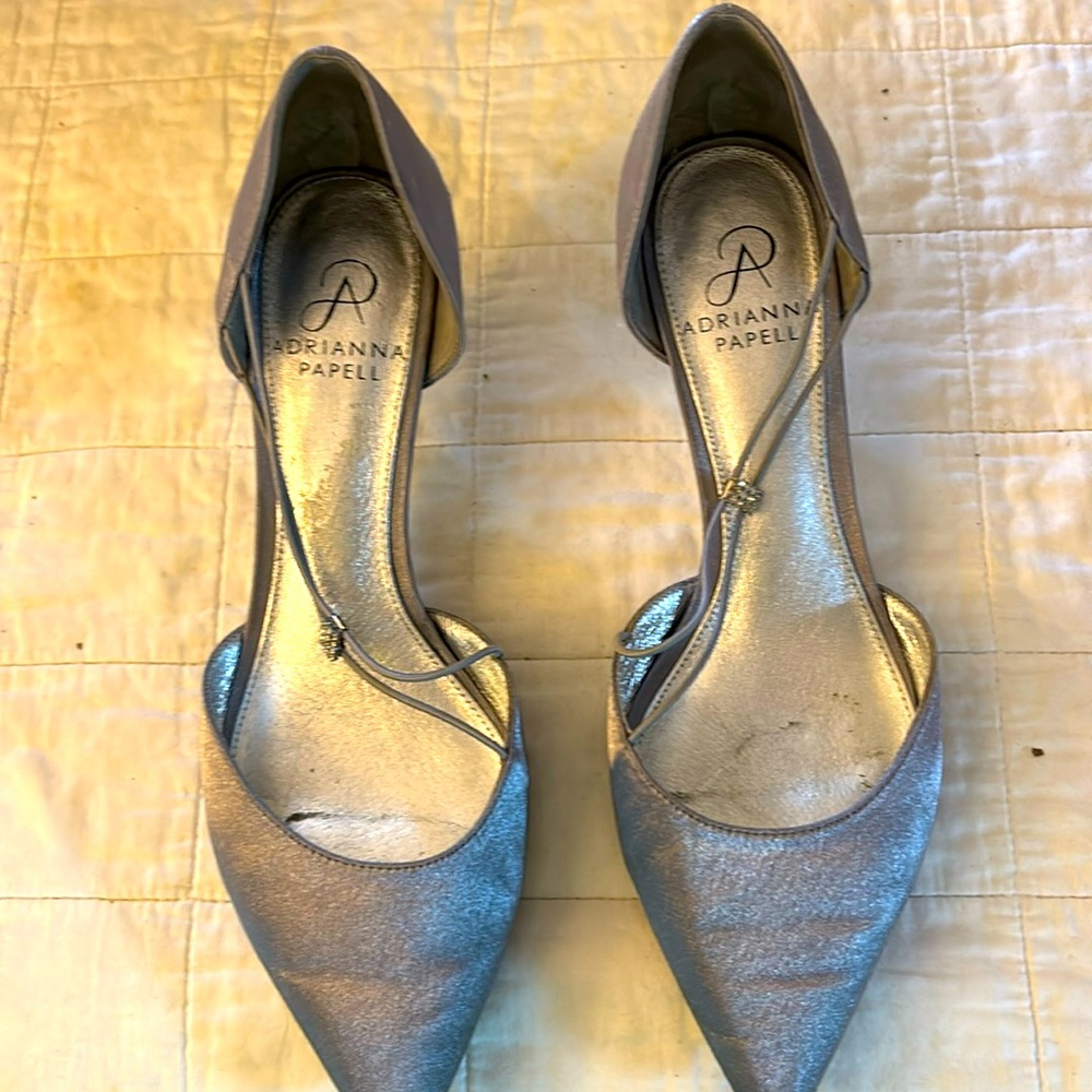 Adrianna Papell gun metal satin shoes size 7.5 M.